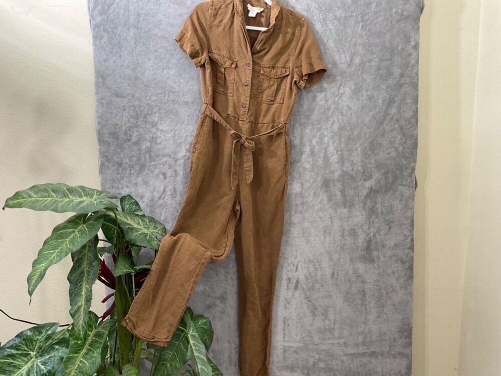 C & C California Brown Linen Blend Button Front jumpsuit women’s size Medium